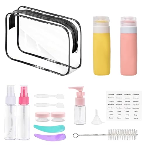 PLUSYES Travel Toiletries Set, 15Pcs 100ml Silicone Travel Bottles Kit with Clear Zipper Bag - TSA Approved Travel Bottles for Toiletries, Shampoo, Conditioner, Lotion-B
