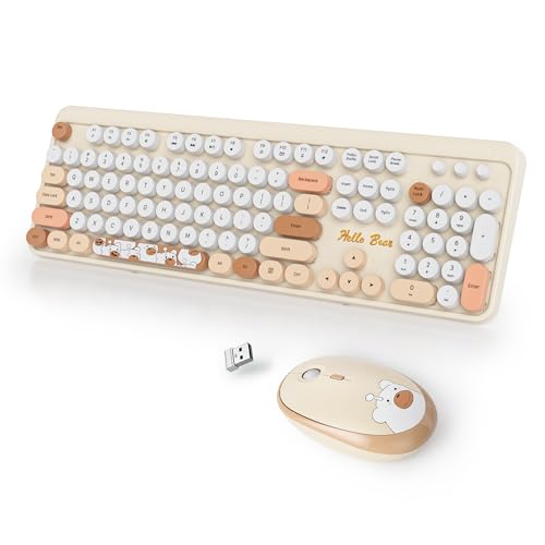 SbocKeeb Cute Teclado y Ratón Inalámbrico, Vistosa de Máquina de Escribir Teclado Retro con Teclas Redondas,2.4GHz Fullsize,Americano QWERTY
