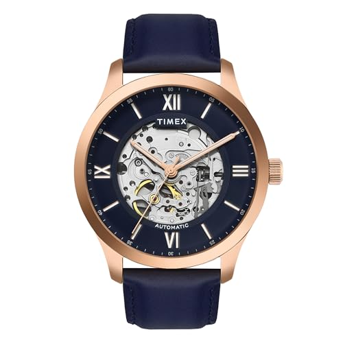 TIMEX Automatic Watch for Man with Blue Round Dial & Blue Leather Strap Band Water Resistant Men's Wrist Watches - TWEG208SMU13