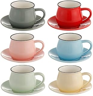 Porcelain Espresso Cups with Saucers - 108 ml/3.65 oz - Set of 6, Small Coffee Tea Cup 6 Colors