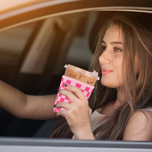 Image of Reusable Insulated Neoprene Iced Coffee Cup Sleeve, Durable Drink Sleeve for Cold Beverages, Beverage Holder for Iced Coffee (Pink Grid)