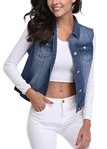 MISS MOLY Women’s Sleeveless Denim Vest Washed Button Up Casual Jean Jacket w 2 Flap Pockets