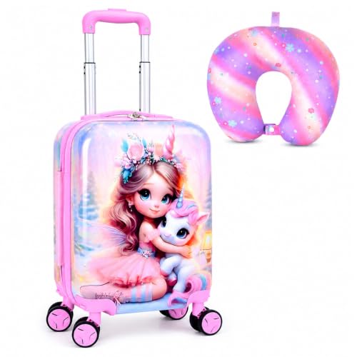 Enchanting Fairy Unicorn Luggage for Girls: Airline-Approved Carry On Kids Rolling Suitcase 2PC Set with 360 Spinner Wheels Includes Neck Pillow