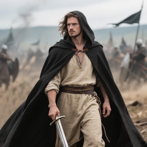 keland Mittelalter Umhang Leinen Kapuzenumhang Renaissance für Damen Herren Halloween (Schwarz)