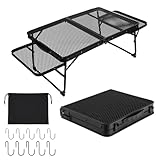 UPF キャンプ テーブル メッシュ サイドテーブル付き アウトドア テーブル 軽量 折りたたみテーブル コンパクト ローテーブル 折り畳み 耐熱 焚き火テーブル BBQ 登山 ミニ アルミ製 てーぶる 耐荷重40kg フィールドホッパー キャンプ用品 ソロ 携帯便利 おしゃれ 収納袋付き ブラック (メッシュ Plus）