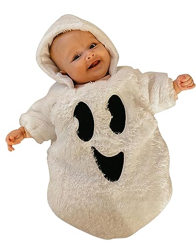 Image of Newborn Baby Boy Girl Halloween Outfits Ghost/Pumpkin Hoodie Romper Fuzzy Long Sleeve One Piece Bodysuit Jumpsuit (White, 0-3 Months)