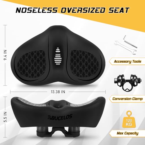 Image of BUCKLOS New Noseless Bike Seat for Comfort Men&Women Extra Wide Bicycle Seat Cushion Oversized Comfortabele Foam Padded Bike Saddle for Peloton Exercise Bike Ebike Cruiser Bikes
