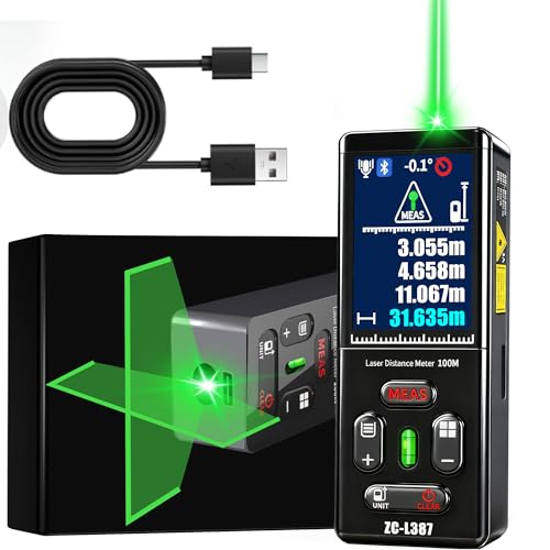 Laser Measuring Tool 328 Ft Dual Green Laser Rangefinder Green Crosshair Laser Measuring Tool Backlit LCD Display Rechargeable Laser Rangefinder/Length/Volume/Area/Voice (m/Ft/in) ZC-L387 ZHOUCE