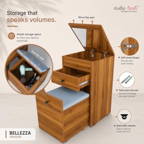 Image of Studio Kook Beleza Dressing Table with Mirror & Seat, Amber Walnut | Engineered wood dresser with lift-up mirror, drawer and pull-out cushioned storage seat; compact closed size 45 x 45 x 80 cm.