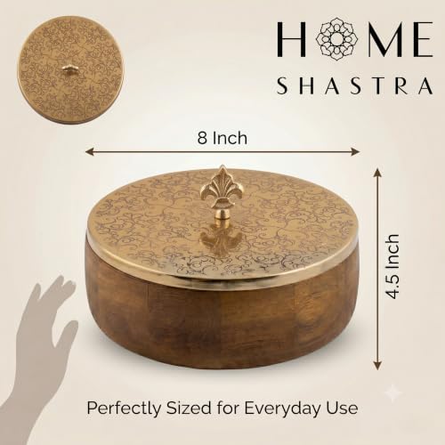 Image of Wooden Casserole with Fleur Handle | Floral Engraved Hot Case Chapati Box for Fresh & Warm Roti | Multipurpose Roti Box, Snack & Dry Fruit Storage | Luxury Kitchen Decor