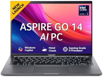 acer AspireGo14, Intel Core Ultra5 125H AI Processor,Office 2024 + M365 Basic, 16 GB RAM, 512 GB SSD, WUXGA IPS, 14.0″/35.56 cm, Win 11 Home, Steel Gray, 1.5 kg, AG14-71M, Backlit KB, Premium Laptop