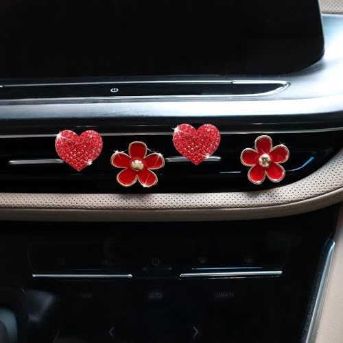 Image of 4PCS Car Air Vent Clips with Fragrance Pads, Red Cute Flower Air Fresheners | Daisy, Heart-Shaped Vent Clip, Car Interior Decor Charm, Car Decor Accessories, for Women and Girls, Interior Aesthetic