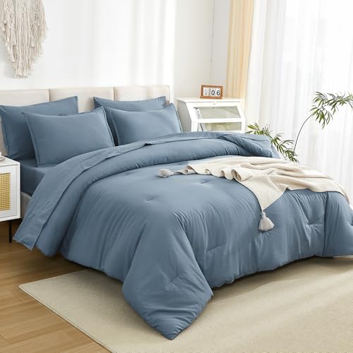 Litanika Comforter King Size Set Grayish Blue - 7 Pieces Bed in a Bag King Bedding Comforter Sets, Plain Lightweight Bed Set with Comforter, Sheets, Pillowcases & Shams