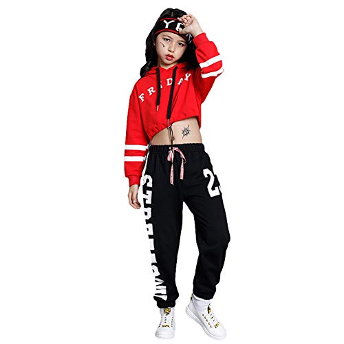 Girls 2 Pieces Outfit Hip Hop Dance Clothes Kids Cropped Hoodie Sweatshirt Sweatpants Jogger Dance Wear Tracksuit Set (Red, 8-10) #TOP1