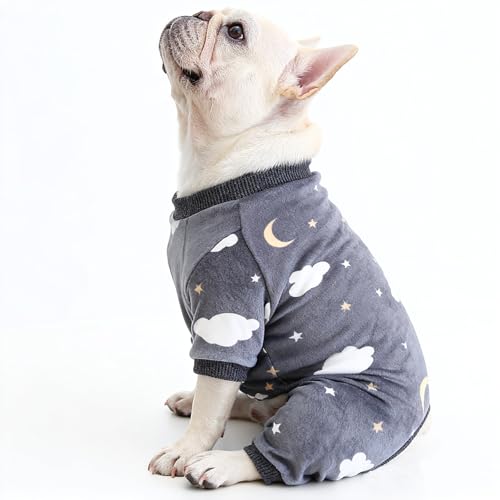 Moorfowl Plush Sweater for French Bulldog Pajamas Soft Jammies for Pug Corgi Winter Doggie pjs Jumpsuit Cozy Frenchie Clothes, Stars Moon Clouds (Grey, M(Chest 20.87'-22.83', Back 12.2'-13.39'))