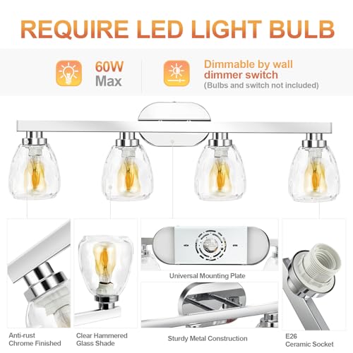 Image of GAOMON 3 Light Bathroom Light Fixtures, Chrome Vanity Light Fixtures Over Mirror Wall Mount Lighting Fixture with Hammered Glass Shade E26 Socket for Hallway Kitchen Bedroom Living Room