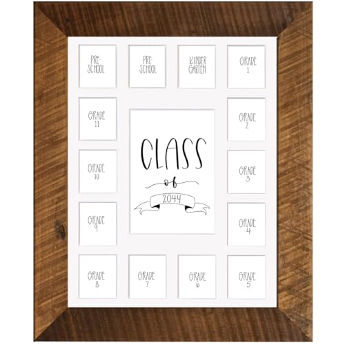 Image of Rustic Red Door Co. School Years Reclaimed Wood Picture Frame with Mat - 11x14 Wooden Framed 15 Photo Collage Mat Pre-School & Kindergarten to 12th Grade High School Graduation (Class of 2044, White)