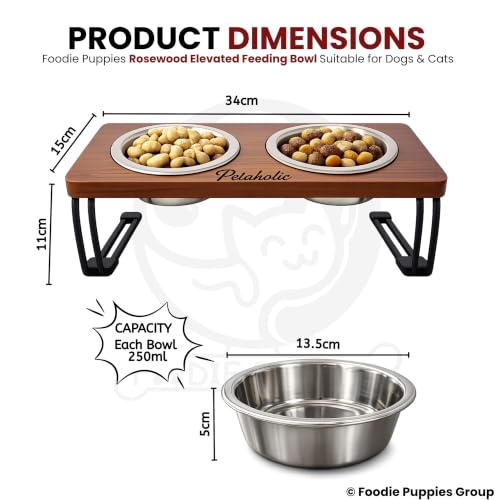 Image of Foodie Puppies Elevated Rosewood 2-in-1 Dog & Cat Feeder with Dual Stainless Steel Bowls (250ml Each) | Raised Wooden Feeding Stand | Anti-Slip Metal Legs | Food & Water Bowl