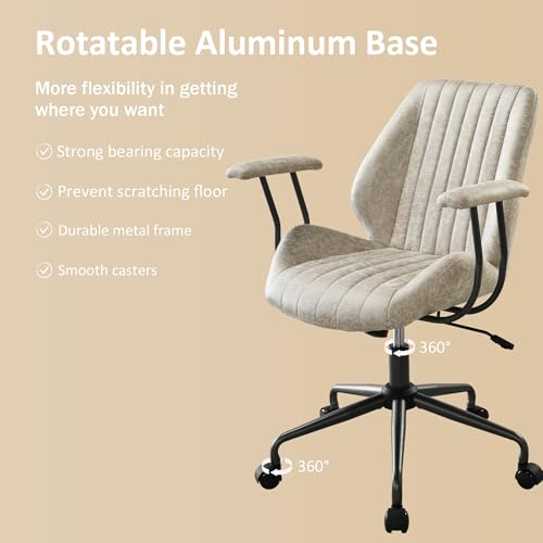 Image of Mid Back Home Office Chair, Mid Century Modern Executive Chair, Comfy Ergonomic Rolling Office Desk Chair with Lumbar Support, Faux Leather Office Chair, Beige