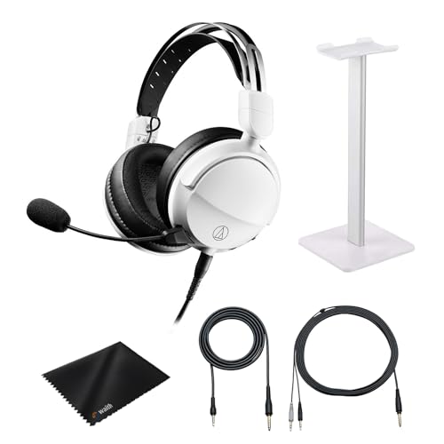 Audio-Technica ATH-GL3 ハイフィデリティクローズドバックゲーミングヘッドセット 取り外し可能なマイク付き(ホワイト)、Waith アルミニウムヘッドセットスタンド(白)、バッグ付きWaith マイクロファイバークリーニングクロス(必須