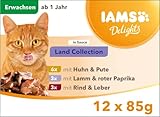 Iams Delights Land Collection Katzenfutter Nass - Multipack mit Fleisch Sorten (Lamm, Rind, Huhn & Pute) in Sauce, Nassfutter für Katzen ab 1 Jahr, 12 x 85g