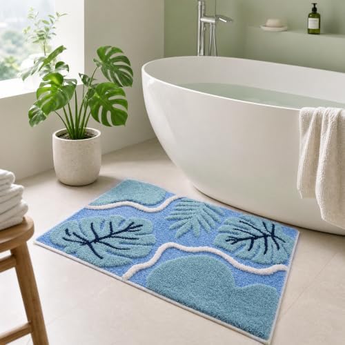 BLESWIN Blue Bathroom Rug 20" x 32" – Monstera Leaf Non-Slip Bath Mat, Cute Absorbent Soft Machine Washable Quick Dry Microfiber Decor Plush Door Mat for Shower Floor Sink Bathtub Bedroom — view 7