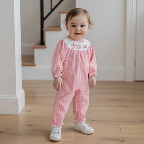 Little Sister Newborn Outfit Infant Girl Gingham Romper Embroidery Letter Smocked Long Sleeve Seersucker Jumpsuit2