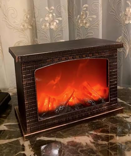 Image of Small Cozy Fireplace Lantern Traditional Realistic Log Wood Burning Flame Effect Ligh LED Charcoal Style Table LampFor Indoor & Outdoor Use