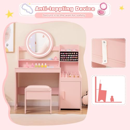 Image of INFANS Kids Vanity with Lights, Princess Makeup Desk with Mirror Storage Shelves, Toddler Table and Chair Set Pretend Play for Girls Aged 4-9