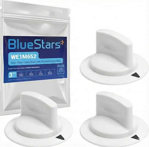 BlueStars Ultra Durable WE1M652 Dryer Timer Control Knob with Metal Ring - Compatible with Hotpoint Kenmore GE Dryers - Replaces 1264289 AP3995164 PS1482196 AH1482196 - Pack of 3