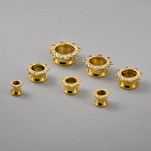 KUBOOZ Jewelry Gold Plated Flower Stainless Steel Crystal Gems Screw Back Ear Plugs Gauges Sold in Pairs 12mm - Thumbnail 5