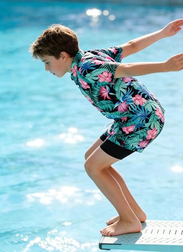 Image of UNICOMIDEA Boys Hawaiian Outfits Tropical Print Button Down Shirt + Swim Trunks 2 Piece Sets for 5-12T Kids