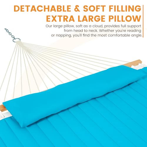 Image of Lazy Daze Hammocks 12 FT Double Quilted Fabric Hammock with Spreader Bar and Detachable Pillow, 2 Person Hammock for Outdoor Outside Patio Garden Yard Pool Beach, 450lbs Weight Capacity (Blue)