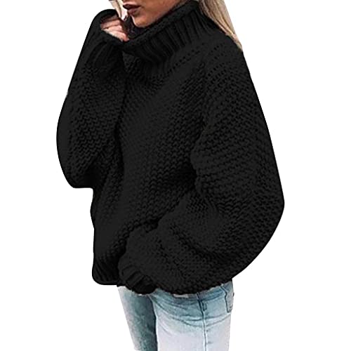 SGSD Jersey de invierno elegante para mujer, cuello alto, jersey de punto, jersey grueso de manga larga, suelto, suéter largo para mujer, camiseta de manga larga, suéter vintage, Negro , XXXL
