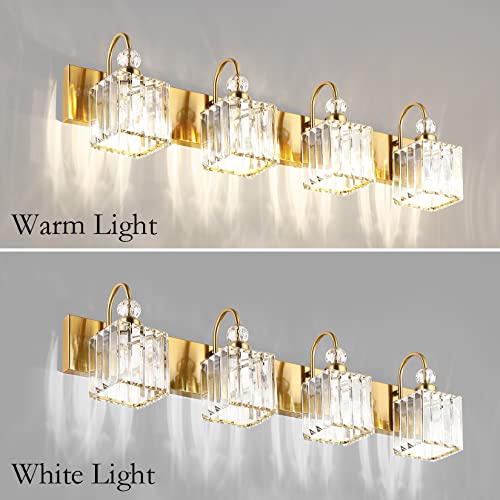Image of Ralbay Crystal Gold Bathroom Vanity Lights 4-Lights Vanity Lights Over Mirror Modern Crystal Gold Bathroom Wall Lighting Fixtures