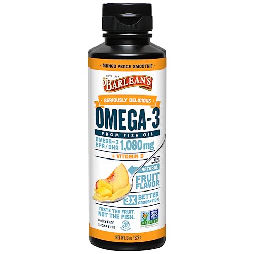 Barlean’s Mango Peach Omega-3 Fish Oil, Vitamin D, 1080mg EPA & DHA, 8oz