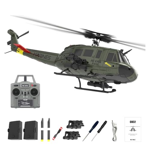 C032 Hélicoptère RC pour adultes, UH-1 Huey 6CH Military Scale Hélicoptère RC acrobatique sans aileron avec vol à l'envers 3D et système de positionnement...