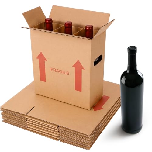 Image of Tatuo 10 Pack Wine Box for Moving, 3 Bottle, with Divider, 13 x 11 x 5.3 in | Liquor Shipping Packing Box Bulk, Corrugated Cardboard, Reinforced Bottom, Break Resistant, Heavy Duty, Cellar Storage