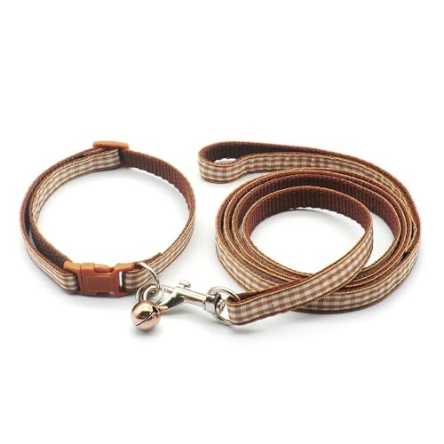 Small Dog Puppy Pet Collar and Lead Set Check Design Nylon Adjustable Size 19-32cm Collar with Bell and 120cm Leash Brown - Image 2
