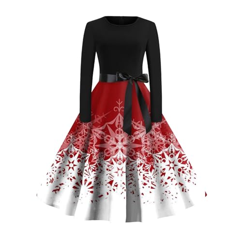 Weihnachtskleid Damen, Winterkleid Silvester Kleid Festlich Vintage Langarm Mit Motiven Partykleid (Weiß, XXL)
