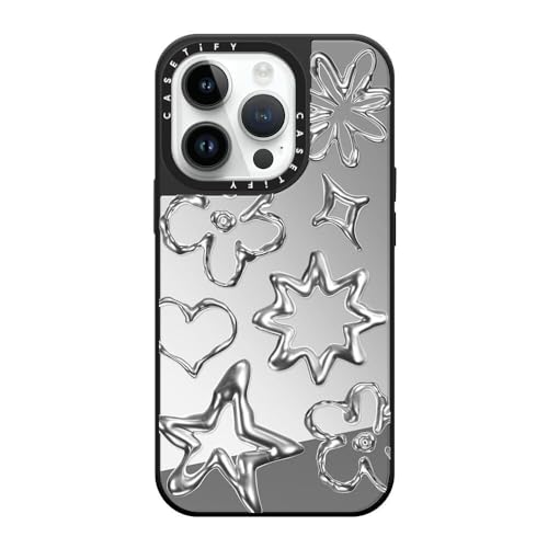 CASETiFY �~���[ iPhone 14 Pro �P�[�X [1.5m����̗����������N���A/MagSafe �ɑΉ�] - Chrome Doodles - �V���o�[ (�u���b�N�o���p�[)