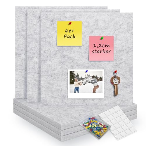 CUHIOY Lot de 6 tableaux d'affichage autocollants en feutre de 12 mm d'épaisseur avec pastilles adhésives et 60 broches - Grand tableau d'affichage décoratif pour photos et notes dans la maison, le