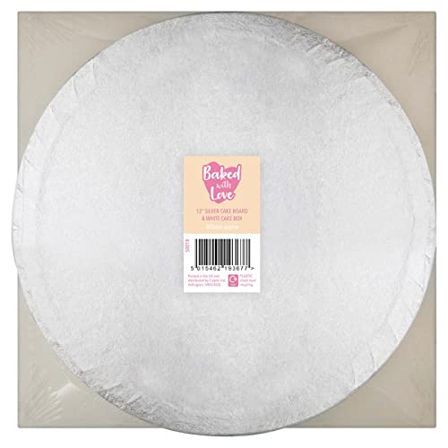 Baked With Love 12 Cake Board & Cake Box Combo, Round Silver Cake Drum With Matching White Container, 0.5'' (13mm) Thick, Square Cake Transport, 12 Inch, Single Pack