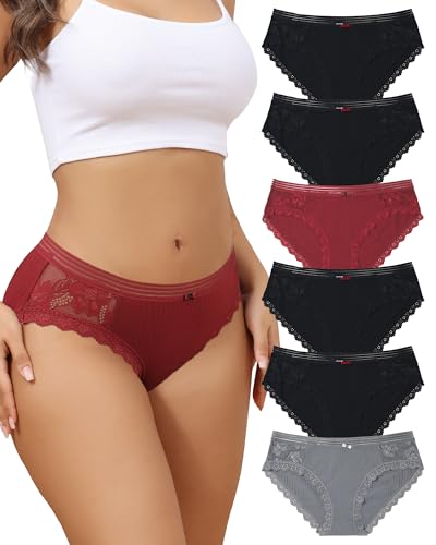 Image of LEVAO Cotton Underwear for Women 6 Pack Sexy Lace Cheeky Bikini Panties | Breathable cotton bikini panties soft stretchy full coverage hipster briefs ideal daily wear Ladies Girl Lingerie