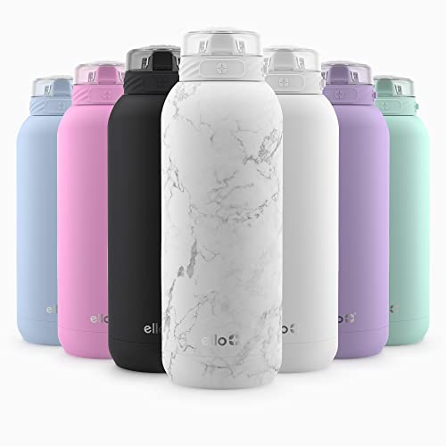 Image of Ello Cooper 22oz Stainless Steel Water Bottle with Straw and Carry Handle, Double Walled and Vacuum Insulated Metal, Leak Proof Locking Lid with Soft Silicone Spout, Reusable, BPA Free, White Marble