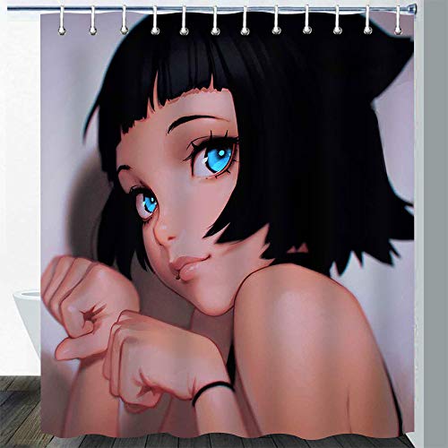 Gdmoon Beautiful Girl Shower Curtain Anime Girl Shower Curtain Cute Girl Portrait Japanese Anime Cartoon Beautiful Girl Blue Eyes Girl Pink Angel Bathroom Curtain Set 72x72In YLWHGD1041
