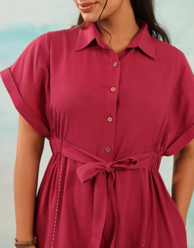 Image of Amazon Brand - INKAST Women Wide Shirt Collared Solid A -line Bottun Down Maxi Dress with Tie Belt | Flared Short Sleeve Summer Outfits | 100% Cotton | Casual Wear | One Piece