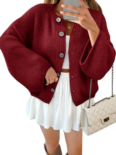 Saodimallsu Women 2025 Oversized Button Down Cardigan Chunky Knit Long Sleeve Sweater Wine Red