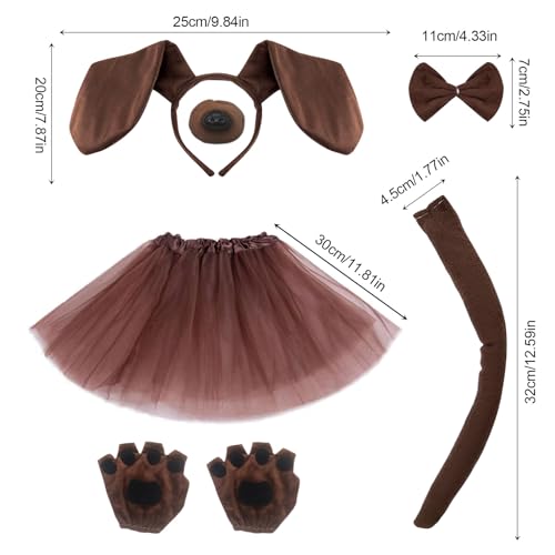 XNIVUIS 6 Stück Hunde für Kostüm Set Include Braun Hund Ohren und Schwanz Nase Handschuhe Fliege und Kleid Set,Verkleidungen & Kostüme für Hunde für Tier Thema Party Kindertag Weihnachten (Braun)