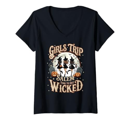 Donna Halloween Witch Costume, Girls Trip Salem Time To Get Wicked Maglietta con Collo a V